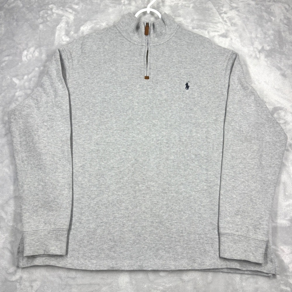 POLO RALPH LAUREN 1/4 Zip Pullover Mens XL Heather Grey Blue Pony Logo Sweater